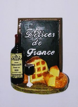 Délices de France, vin , camembert magnet en relie en résine