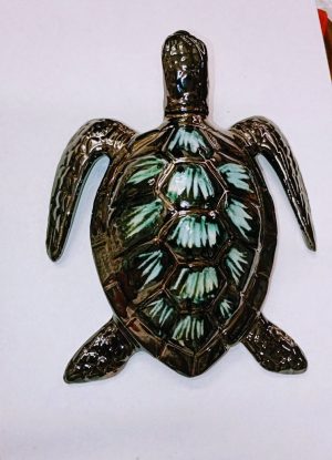 tortue en céramique noir bleu turquoise à effet métal 21 cm